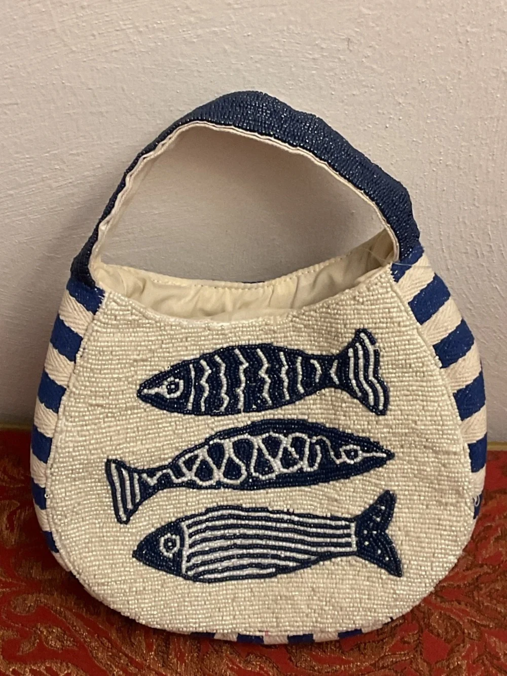 NWT Sardines Micro Beaded Blue White striped canvas Bag